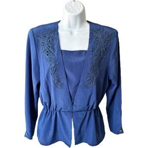 Andrea Gayle Petites Beaded Open-Front Peplum Blouse Jacket Blue 80s